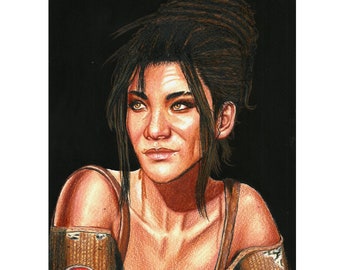 May include: A woman with dark brown hair pulled back in a bun, wearing a brown, off-the-shoulder top with a patch on the left sleeve depicting a red circle with a black horse inside.
