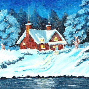 May include: A red brick cottage with a white snow-covered roof sits on a snowy hill overlooking a dark blue lake. The cottage has two chimneys with smoke coming out of them. There are trees on either side of the cottage, also covered in snow. The sky is dark blue with white snowflakes falling.