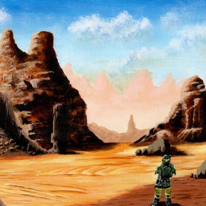 May include: An acrylic painting depicts a desert landscape with towering rock formations under a blue sky with clouds. A figure in green and yellow armor stands in the foreground, facing the scene. The color palette includes shades of brown, orange, and blue.