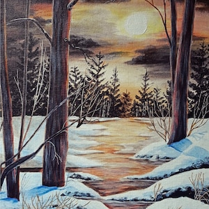 May include: A painting of a winter scene with a stream running through a snowy forest. The sun is setting behind the trees, casting a warm glow on the snow. The trees are bare and the branches are covered in snow.