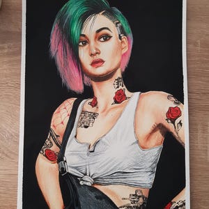 May include: A watercolor painting of a person with green and pink hair, wearing a white tank top and black overalls. The person has multiple tattoos, including roses and other designs. The background is black.