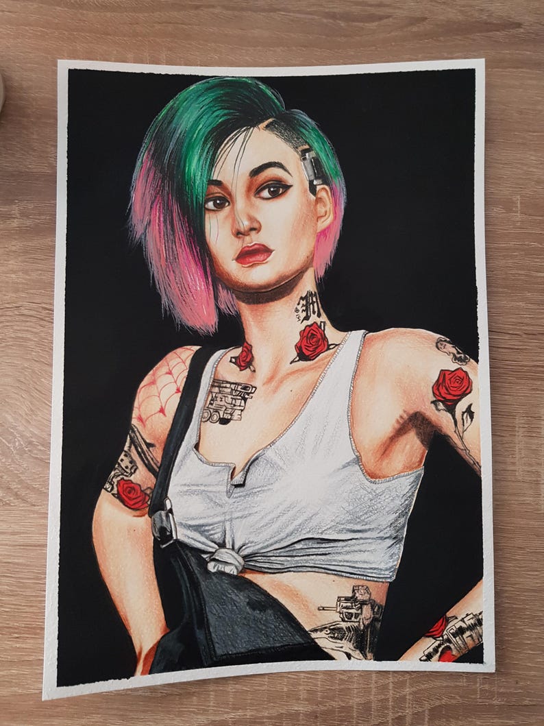 May include: A watercolor painting of a person with green and pink hair, wearing a white tank top and black overalls. The person has multiple tattoos, including roses and other designs. The background is black.