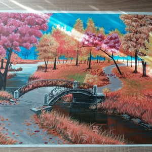 May include: A painting of a bridge over a stream in a forest. The trees are in autumn colors, with shades of red, orange, yellow, and brown. The bridge is made of stone and has a black metal railing. The stream is surrounded by tall grass and reeds.