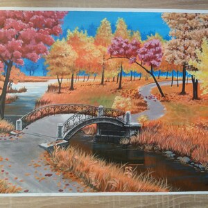 May include: A painting of a bridge over a stream in a park with fall foliage. The trees are a mix of red, yellow, and orange. The bridge is made of stone and has a metal railing. The stream is surrounded by tall grass.