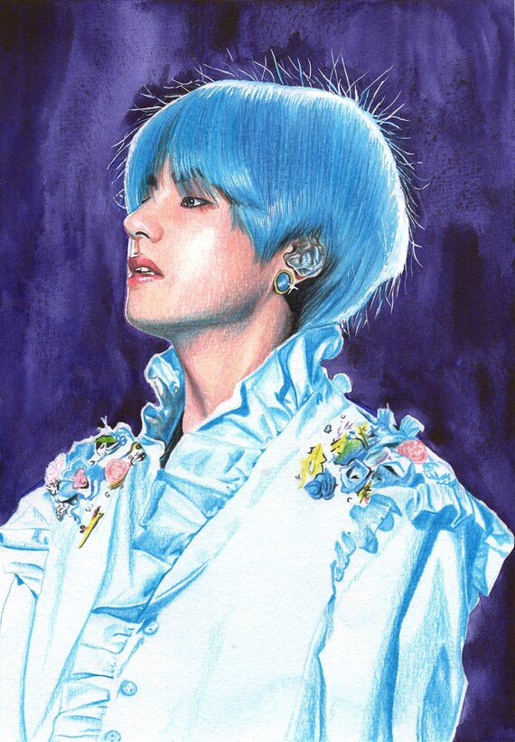 Bts V Mixedmedia Portrait Blue Etsy Bts V Mixedmedia Portrait Blue Etsy