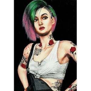 May include: A detailed illustration of a person with green and pink hair, wearing a white tank top and black overalls. The person has multiple tattoos, including roses and Japanese characters. The background is solid black.