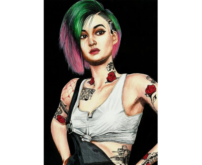 May include: A detailed illustration of a person with green and pink hair, wearing a white tank top and black overalls. The person has multiple tattoos, including roses and Japanese characters. The background is solid black.