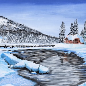 Gemälde Winter Acryl Hütte in den Bergen Wandkunst für Wohnzimmer Eingang Wand-Dekor