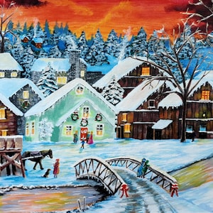 May include: A painting of a snowy village at sunset with a bridge over a river. The houses are decorated with Christmas lights and wreaths. There are people walking on the bridge and a horse-drawn carriage in the foreground.