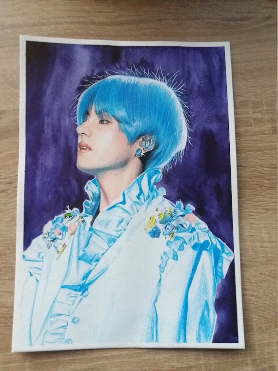 Bts V Mixedmedia Portrait Blue Etsy Bts V Mixedmedia Portrait Blue Etsy