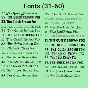May include: A green background displays a list of fonts numbered 31-60. Each font showcases the phrase "The Quick Brown Fox" in various styles, ranging from classic to decorative. The title "Fonts (31-60)" is at the top.