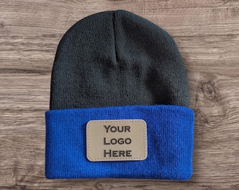 Custom Laser Engraved Faux Leather Patch Beanie: Personalized Winter Hat