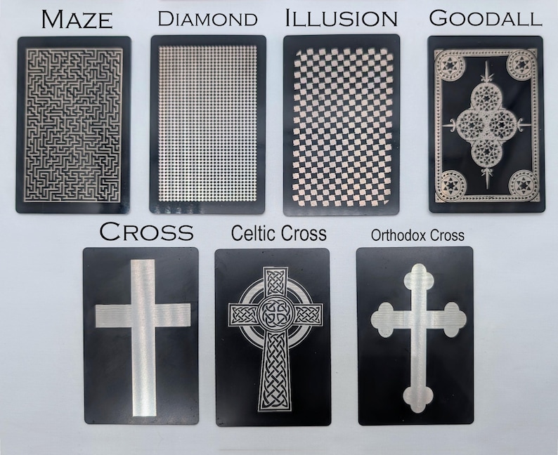 May include: A collection of black rectangular cards with various designs. The cards feature patterns like a maze, diamond grid, checkered illusion, and ornate designs. Other cards display crosses, including a Celtic and Orthodox cross. The cards have text labels.