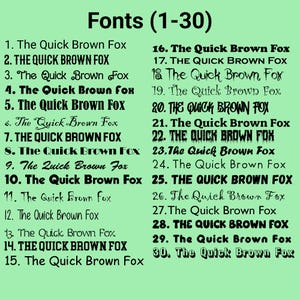 May include: A green background displays a list of 30 different font styles, each showcasing the phrase "The Quick Brown Fox." The fonts vary in style, from classic to decorative, with a bold, black color.