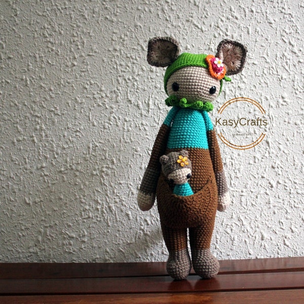 KIRA el canguro, canguro crocheted, canguro hecho a mano, canguro relleno, regalo de bebé, decoración de la habitación del bebé, del patrón lalylala