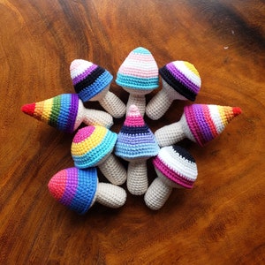 Puede incluir: Una colección de setas de ganchillo hechas a mano con coloridos sombreros. Los sombreros presentan varios diseños de banderas del orgullo, incluyendo banderas arcoíris, transgénero y no binarias. Los tallos son de color beige neutro y las setas están dispuestas sobre una superficie de madera.