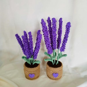 Puede incluir: Dos plantas de lavanda de ganchillo en macetas marrones. Las flores de lavanda son de un morado vibrante, con hojas y tallos verdes. Las macetas son de color canela con un detalle de corazón morado. Las plantas están sobre un fondo blanco.