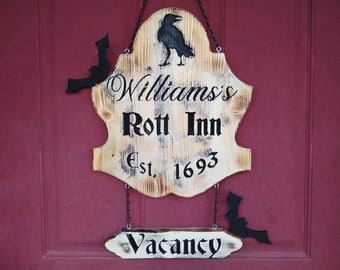 Personalized Halloween Door Hanger, Haunting Rott Inn Door Sign with Name Engraving, Halloween Decor, Spooky Yard Sign, Halloween Door Decor