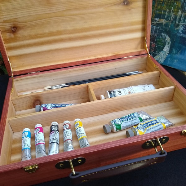 Briefcase Art Box with Compartment Divisions and Customizable Engraving, Cedar Wood Box Organizer for Paint Brushes, Acrylics, Oils