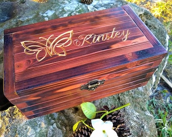 Rustic Wooden Box Personalized Mother's Day Gift, Handmade Memory Box w. Wood Carved Engraving Butterfly, An Eco Friendly Keespake Box
