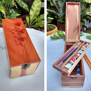 Personalized Wooden Pencil Box, Gift for Dad, Handmade Art Box w. Name Engraving, Homeschool Organizer for Pencils, Paint Brushes