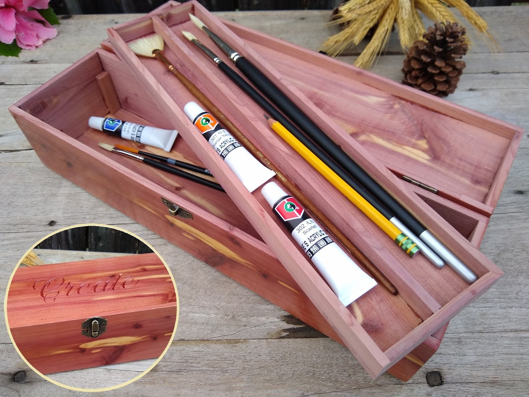 Personalized Wooden Art Box, Paint Brushes Pencils Organizer, Gift for