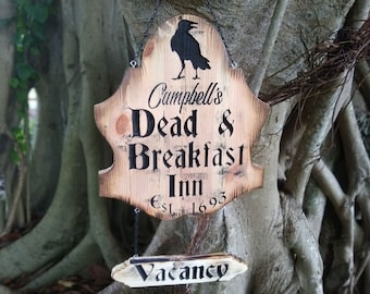 Personalized Halloween Door Hanger, Dead & Breakfast Door Sign Name Engraving, Halloween Decor, Spooky Yard Sign, Halloween Door Decor, Goth