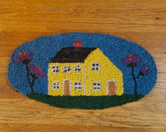 8 X 16 inch Yellow Cottage with Posies Oval Primitive Hooked Rug by Sharon Fitzpatrick Perry