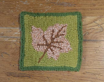 Autumn Leaf Candle Mat or Trivet Very Primitive Hand Hooked Rug by Sharon Fitzpatrick Perry (6 X 6 inches)