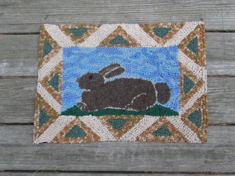 Brown Bunny With Geometric Border Original Design Primitive Hand Hooked ...