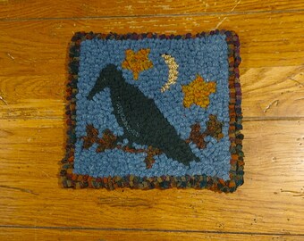 Very Primitive Crow Hand Hooked Rug, wall hanging, or trivet by Sharon Fitzpatrick Perry (7 X 8 inches)