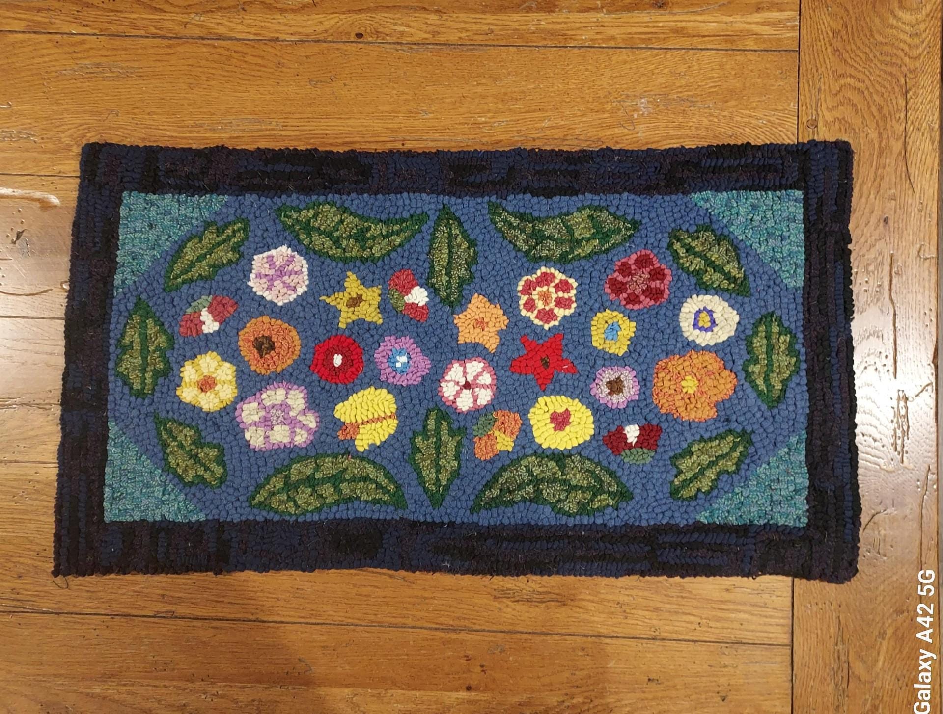 Floral Mix Primitive Hand Hooked Rug by Sharon Fitzpatrick Perry 15 X 27 inches
