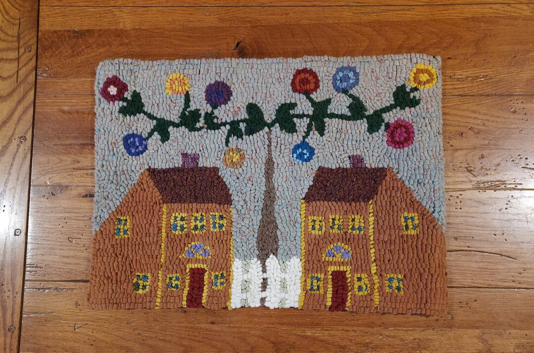 Cottages With Lollipop Posies Very Primitive Hand Hooked Rug - Etsy