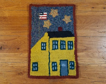 Bright Yellow Saltbox Primitive Hand Hooked Rug, Wall Hanging, Table Accent, etc.