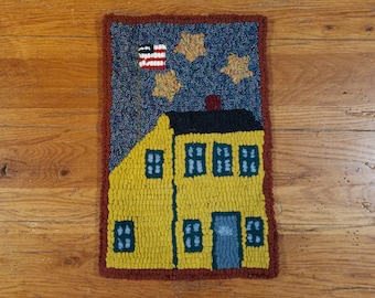 Bright Yellow Saltbox Primitive Hand Hooked Rug, Wall Hanging, Table Accent, etc. by Sharon Fitzpatrick Perry (9 1/2 X 14 inches)