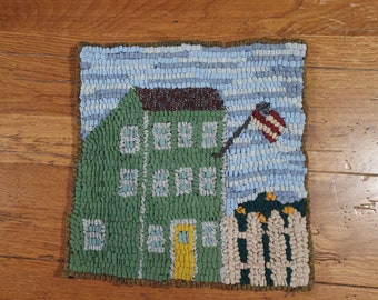 Pale Green Saltbox Primitive Hand Hooked Rug, Wall Hanging, Table Accent, etc.