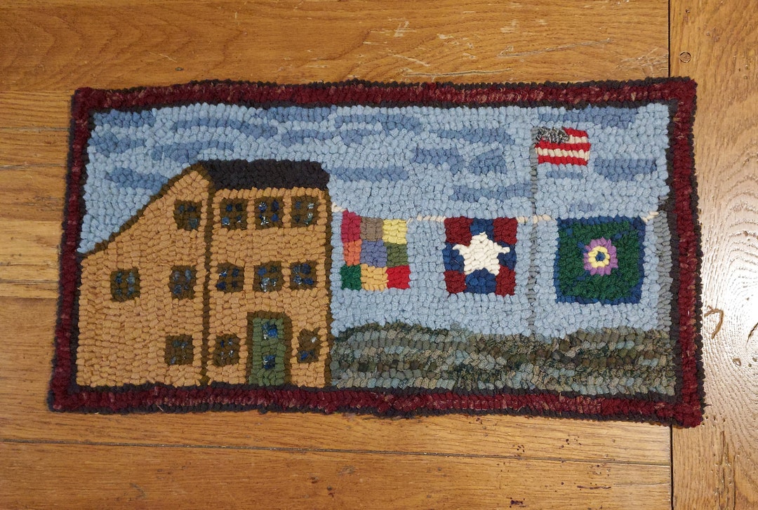Clothes Ina Rug Mustard Saltbox With Clothesline Original Design Hand Hooked Rug by ...