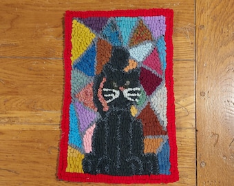 Cat on Hit and Miss Shapes  Primitive Hand Hooked Rug, Wall Hanging, Table Accent, etc.