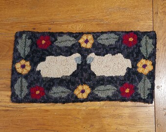 Sheep with Posies and Leaves Border  Primitive Hand  Hooked Rug by Sharon Fitzpatrick Perry (10 X 20 inches)