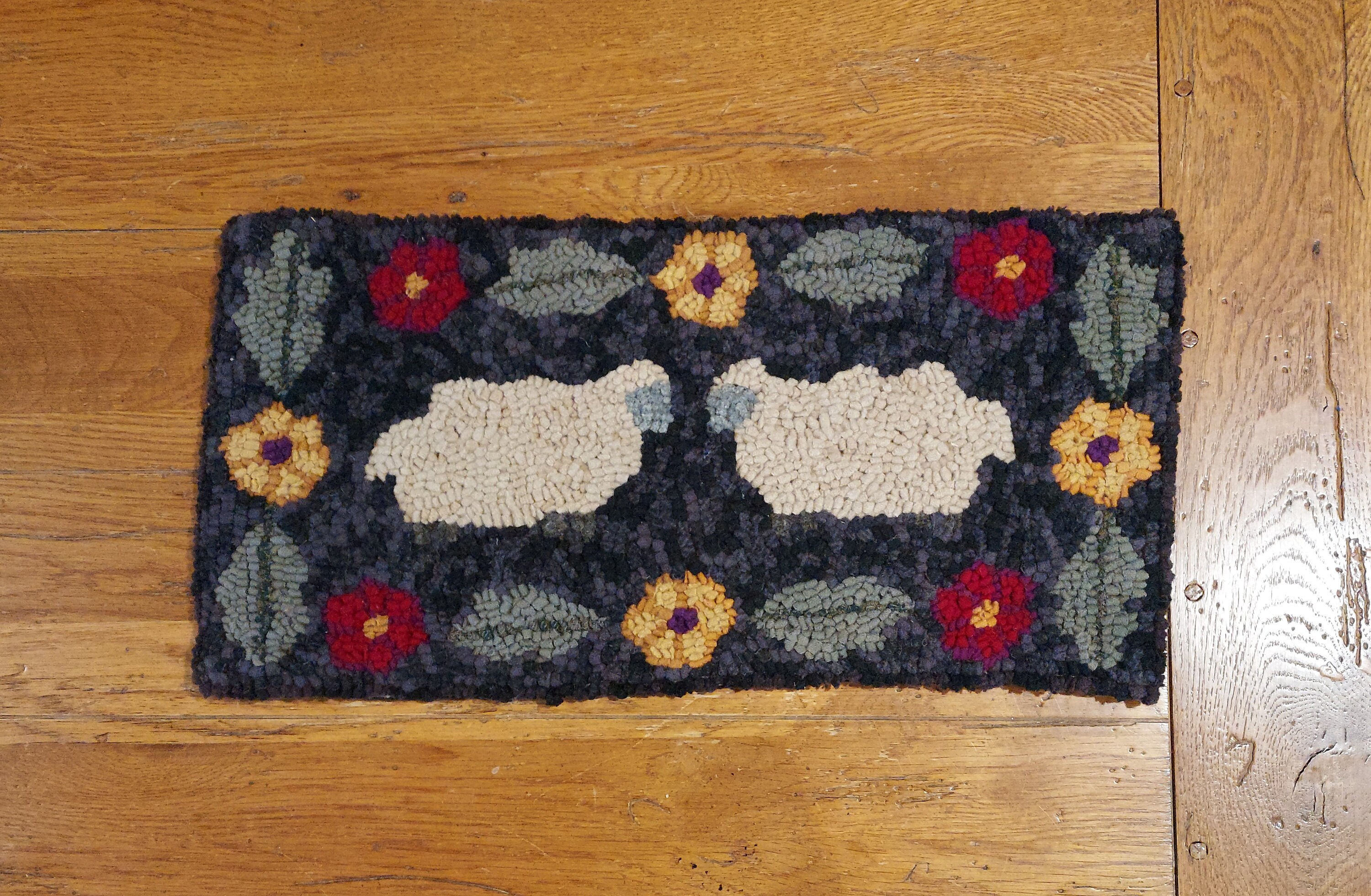 Sheep With Posies and Leaves Border Primitive Hand Hooked Rug by Sharon ...