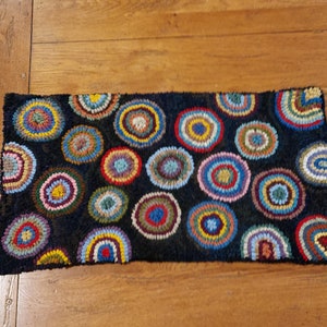 Floating Pennies Very Primitive Hand Hooked Rug by Sharon Fitzpatrick Perry (12 X 23 inches)