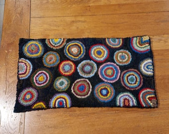Floating Pennies Very Primitive Hand Hooked Rug by Sharon Fitzpatrick Perry (12 X 23 inches)