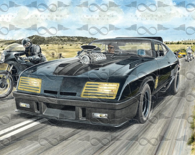 Featured listing image: Max Rockatansky Mad Max Ford Pursuit Special XB Coupe GT Falcon Flag Banner - Garage Decor - 150cm x 95cm