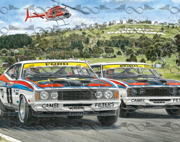 Featured listing image: Allan Moffat Colin Bond 1977 1st 2nd place Bathurst Ford XC Falcon flag/banner 150cm x 95cm NEW