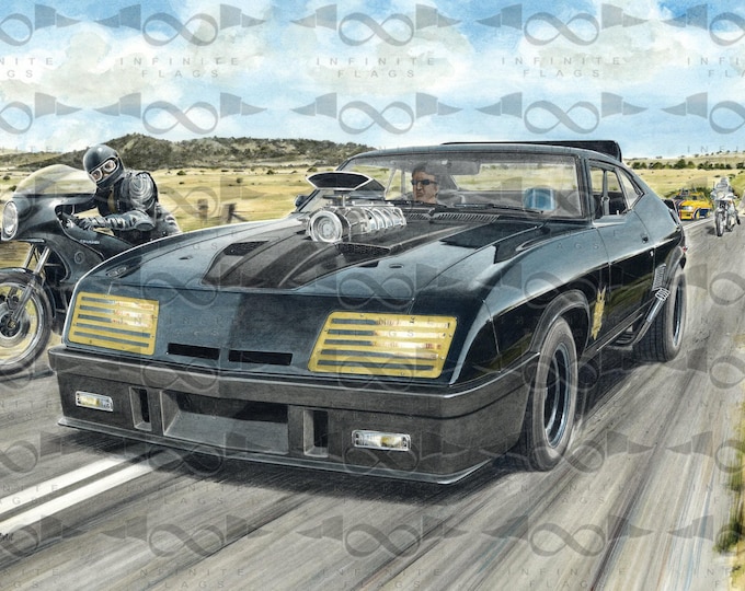 Featured listing image: Max Rockatansky Mad Max Ford Pursuit Special XB Coupe GT Falcon Flag Banner - Garage Decor - 150cm x 95cm