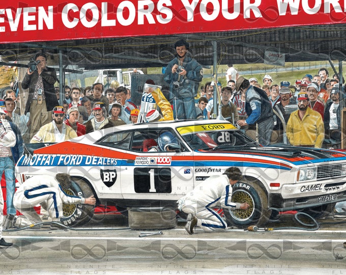 Featured listing image: Allan Moffat 1977 Bathurst Ford XC Falcon Pitstop flag/banner 150cm x 95cm NEW