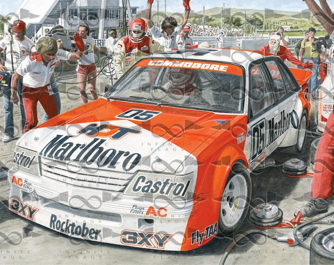Featured listing image: Peter Brock 1984 Bathurst Holden VK Commodore Pitstop Flag Banner - Motorsport Decor - 150cm x 95cm
