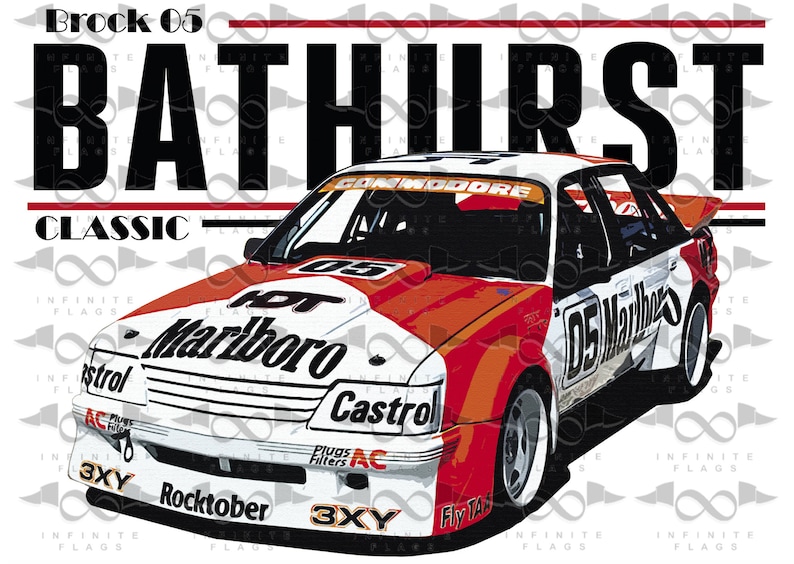 May include: A red, white, and black race car with the number 05 and the words "Marlboro" and "Castrol" on the side. The car is a Holden Commodore and is a classic Bathurst race car.