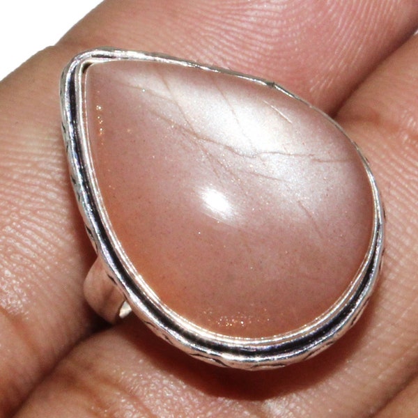 Natural Peach Moonstone Ring, Adjustable Ring, Ethnic Handmade Ring, Vintage Style Unique Ring, 925 Sterling Silver Plated Jewelry(MKAD-51)