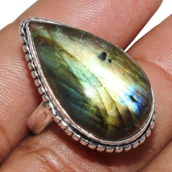 Natural Labradorite Ring, Adjustable Ring, Ethnic Handmade Ring, Vintage Style Unique Ring, 925 Sterling Silver Plated Jewelry(MKAD-44)